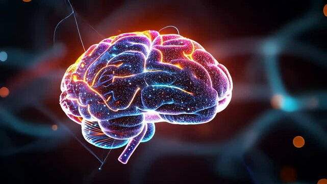 A vivid, detailed close-up of a digital brain illuminated with streams of colorful data, symbolizing the intersection of neuroscience and big data technology