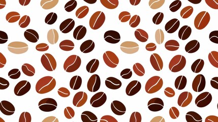 Obraz premium Seamless pattern of various coffee beans in shades of brown and beige isolated on white. Perfect for coffee-themed designs and backgrounds.