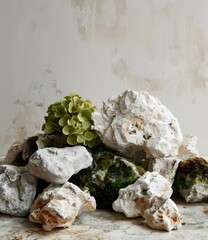 White Rocks and Green Foliage Against a Neutral Background
