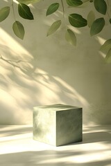 Green Marble Product Display Stand with Leaves and Sunlight