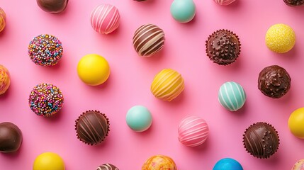 Fototapeta premium High-angle view of colorful candy spheres and chocolate truffles in various bright colors, set against a plain backdrop