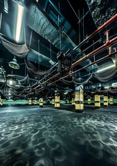 Obraz premium Abandoned Industrial Building With Nets Hanging From Ceiling