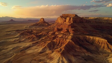 Aerial view of a sandstone Butte in Utah desert valley at sunset, Capitol Reef National Park, Hanksville, United States. copy space for text.