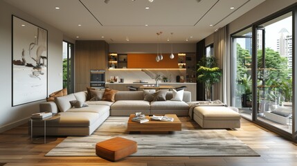A modern living room with a spacious layout and large windows, showcasing contemporary design and a comfortable seating area adorned with stylish decor and warm lighting