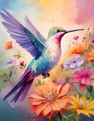 Obraz premium Soft and Dreamy Hummingbird in a Field of Flowers