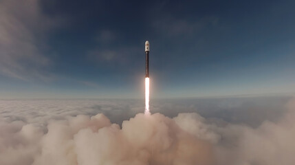 Obraz premium Small Rocket Taking Off Against Blue Sky with Clouds: Top-Down View of Earth Below, space background 4k space background cartoon space background png space background drawing space background 