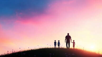 Fototapeta premium A father and his children standing on a hilltop, looking out at the view, a picture of family unity.