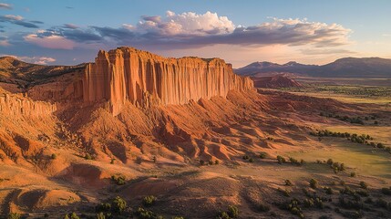 Aerial view of a sandstone Butte in Utah desert valley at sunset, Capitol Reef National Park, Hanksville, United States. copy space for text.