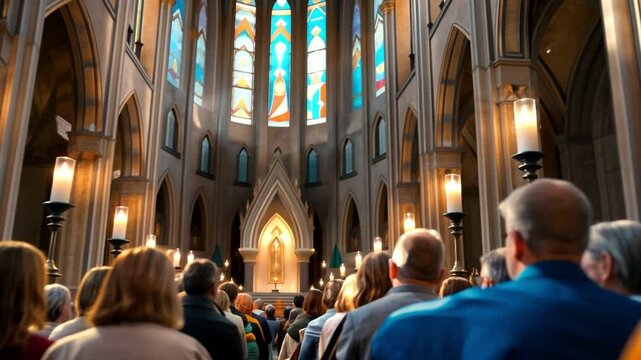 Low angle view of a church interior with people sitting on pews