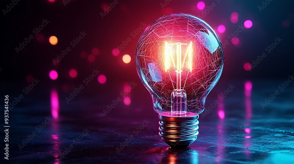 Poster glowing light bulb with neon lights and bokeh background, blending the energy of innovation with the