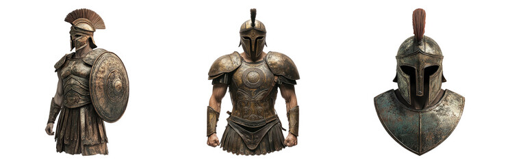 Obraz premium Ancient armor set isolated on transparent background with shields and helmets