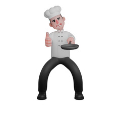 3D Male Chef. A chef is standing in a ready-to-cook stance while holding a frying pan and giving a thumbs-up as a sign of approval or satisfaction. Professional Culinary Character