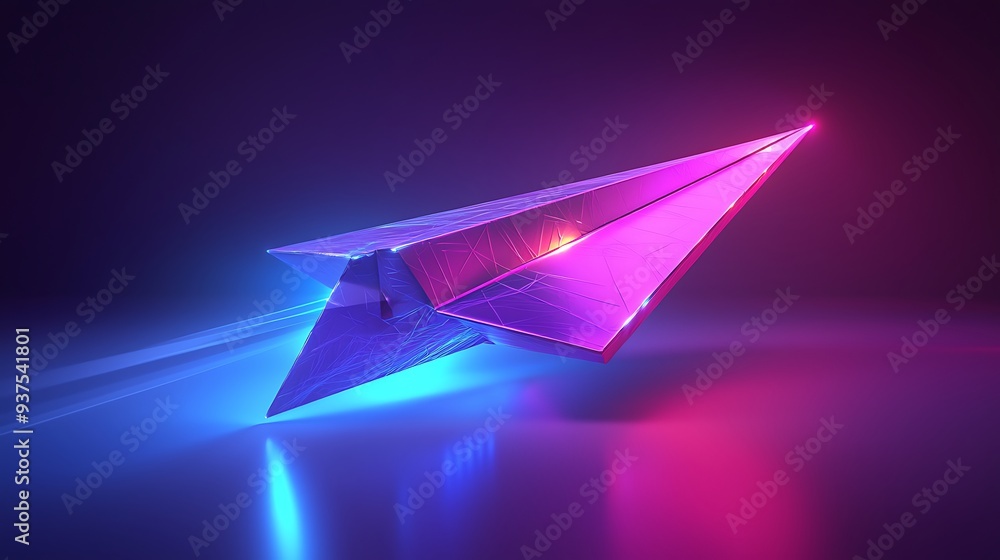 Poster neon paper airplane flying in blue and purple light, creating a vibrant and dynamic representation o