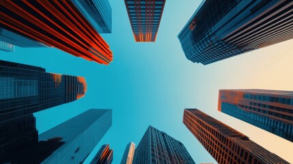 An aerial drone shot capturing the geometric pattern of a modern city's grid layout, with skyscrapers reaching for the sky.