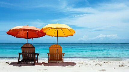 Fototapeta premium Beach Chairs and Umbrellas Under a Blue Sky