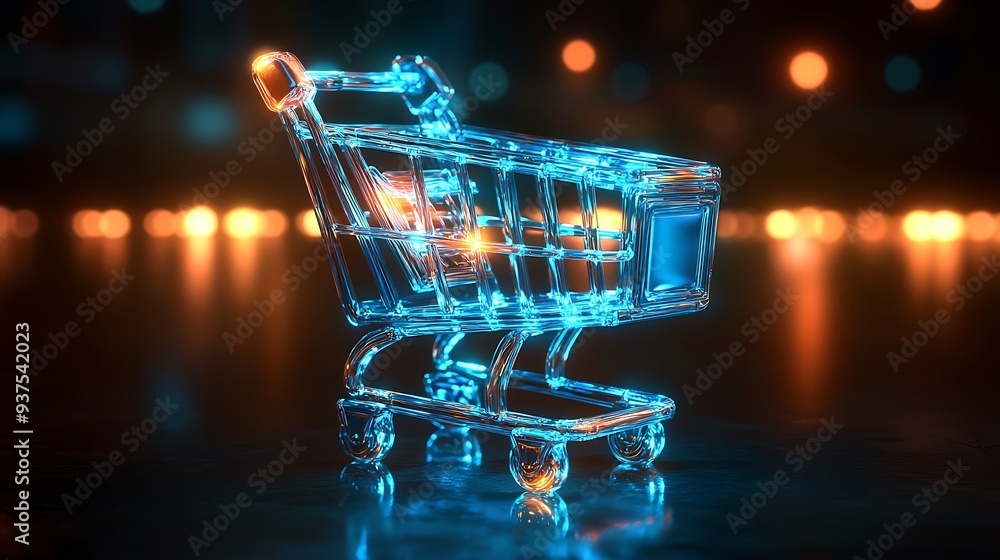 Poster glass shopping cart with bokeh lights, abstract e-commerce concept, blending the sleek design of gla