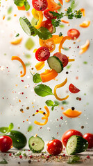 Sliced cucumbers, bell peppers, cherry tomatoes and spices falling on the table