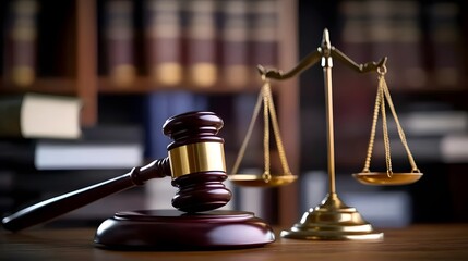 Legal Gavel and Scales on Table with Blurred Book Background, Text Space for Legal Stock Image