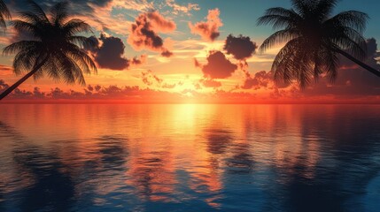Sunset reflecting on calm ocean waters with silhouetted palm trees