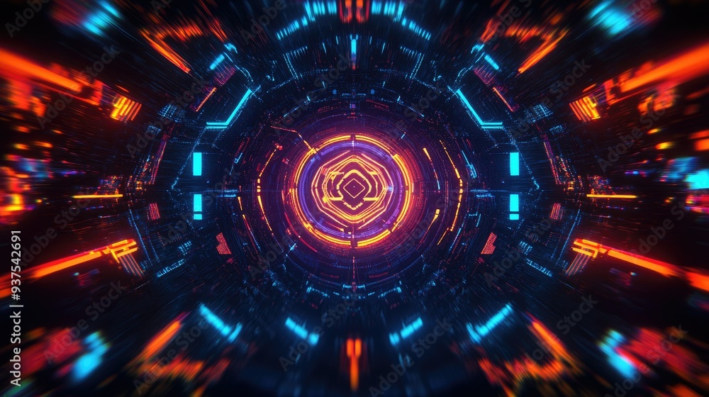 Aufkleber abstract digital patterns with glowing neon elements and dark backgrounds