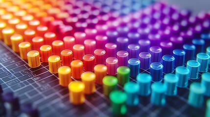 Obraz premium Colorful knobs on audio mixer console, capturing the dynamic and vibrant design of music production tools in a sleek setting.