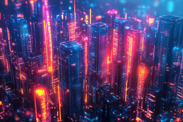Fototapeta premium Neon-lit cyberpunk cityscape with glowing skyscrapers, bathed in vibrant blue and pink hues, futuristic vibes
