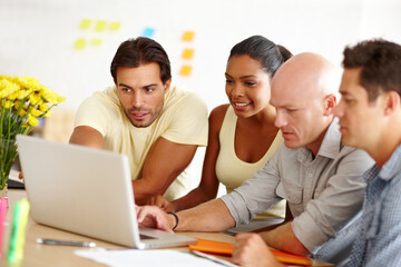 Laptop, discussion and group of business people in office for creative project feedback, review or...