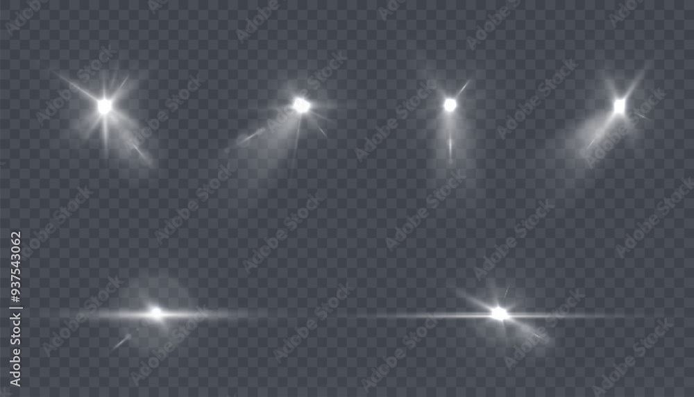Poster vector light effects. set of white light lens flare effects on transparent background. transparent v