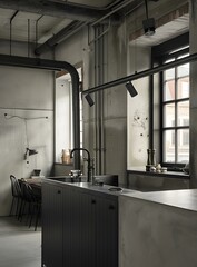 Industrial Style Kitchen Interior Design with Exposed Pipes and Concrete Walls
