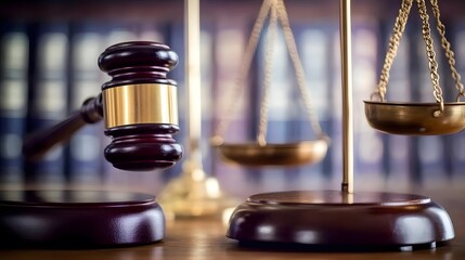Gavel and Scales of Justice on Table with Blurred Books, Copy Space for Legal Text Stock Photo