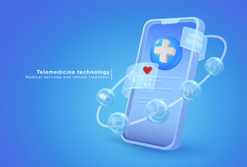 Telemedicine technology is a combination of digital medical devices and technology to treat patients, allowing doctors to assess, diagnose, and treat patients remotely. 3D vector illustration.