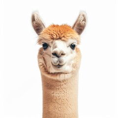 Obraz premium Close-up portrait of a friendly llama, showcasing its soft fur and expressive eyes against a clean white background.
