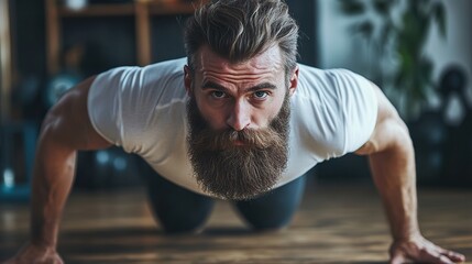 Fototapeta premium Bearded man in white t-shirt doing pushup workout on the floor in the gym, hardwork concept. copy space for text.