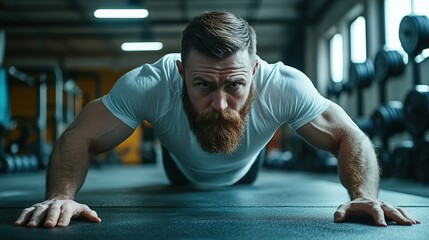 Fototapeta premium Bearded man in white t-shirt doing pushup workout on the floor in the gym, hardwork concept. copy space for text.