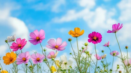 Brightly colored summer flowers in full bloom against a blue sky