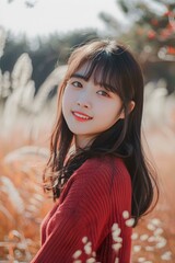 Naklejka premium Portrait of a Young Asian Woman Smiling in a Field