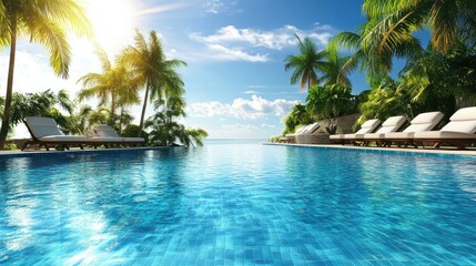 Clear blue swimming pool with sun loungers and palm trees around