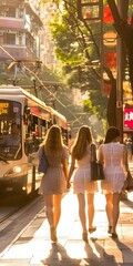 Three Women Walking on the Street in Hong Kong