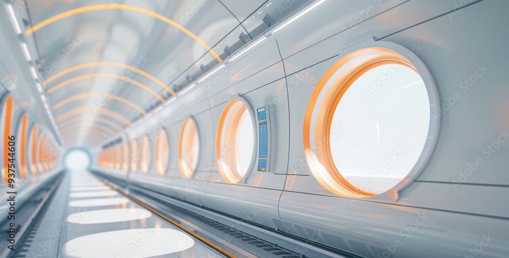 Poster futuristic tunnel with illuminated windows, showcasing advanced design and clean lines, perfect for 