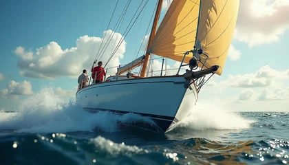 Fotobehang Bright sunlight lights a sailboat racing across the churning sea, with a determined sailor adjusting the sails. © abu