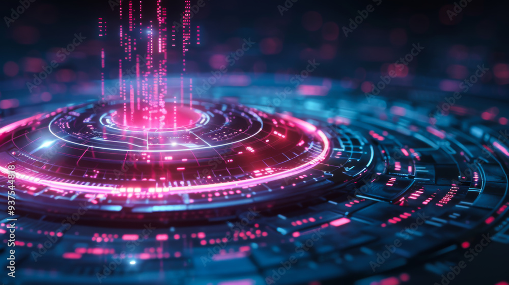 Poster cybersecurity. technological digital chip with a hologram of a lock on it. protection concept.