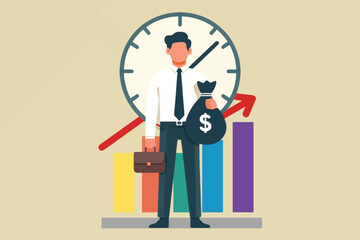 a businessman stands in front of a graph and bags of money and time, as a symbol of the use of time in achieving financial success
