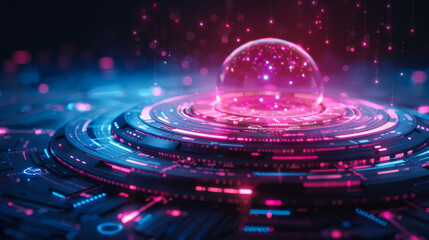 Cybersecurity. Technological digital chip with a hologram of a lock on it. Protection concept.