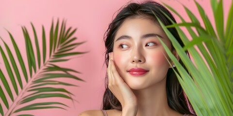 Naklejka premium Beautiful Asian Woman with Palm Leaves