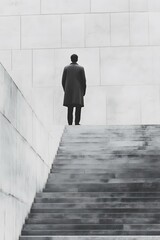 Man in Coat Standing on Stairs in Front of Wall