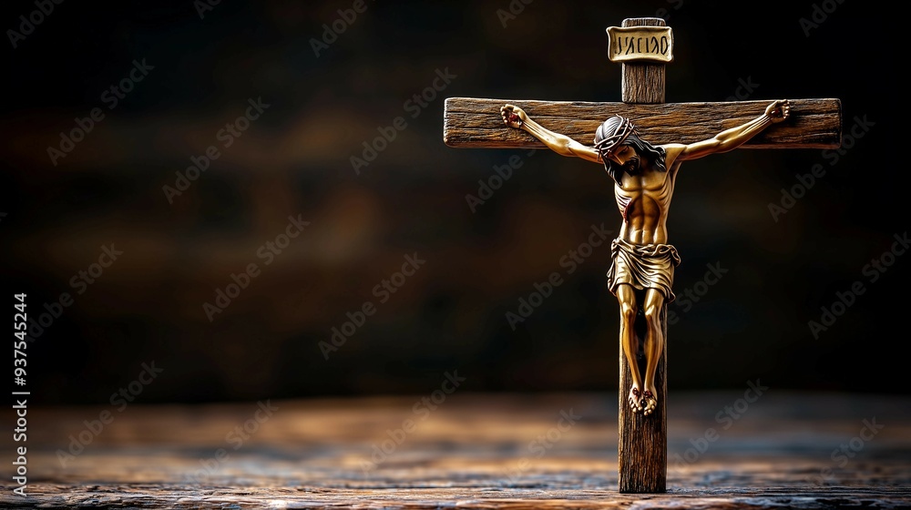 Wall mural wooden cross stands on grass in field,copy space,banner,symbolizing jesus' death and resurrection.