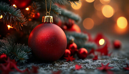 Red christmas ornament hanging on a christmas tree with fairy lights