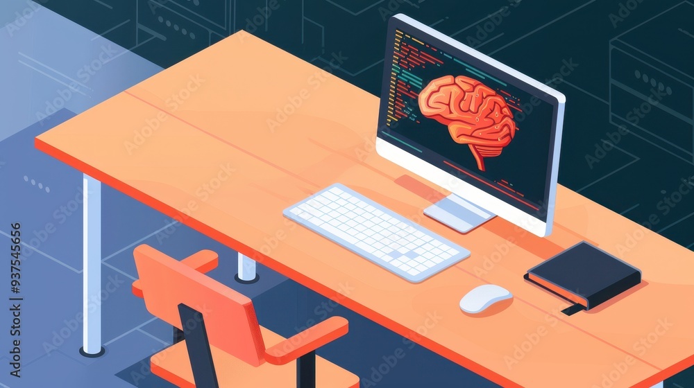 Poster a modern workspace featuring a computer, keyboard, and brain graphic representing technology and inn