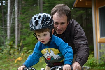 Fototapeta premium Father Helping Son Learn to Ride a Bicycle in the Forest