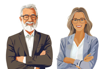 Portrait of smiling mature business man and business woman standing arms crossed